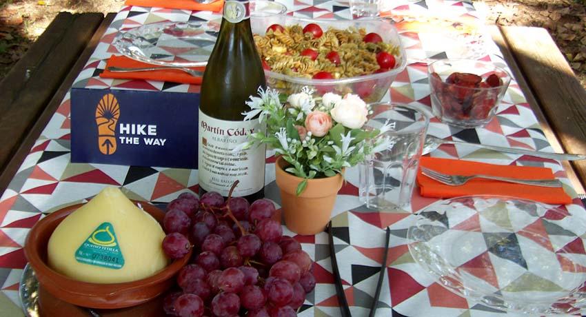 Picnic with wine, local cheese and fruit on el Camino de Santiago