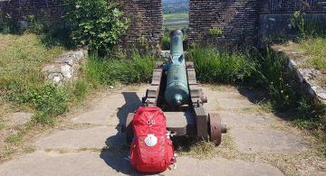 backpack by cannon at Portuguese fortress