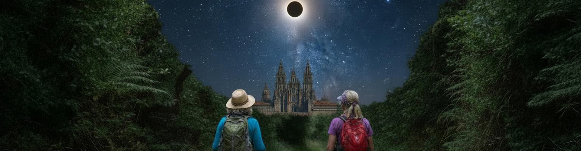 pilgrims staring at eclipse in the sky near Santiago