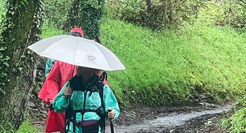 two lady pilgrims with umbrella walking in the rain along the Camino trail