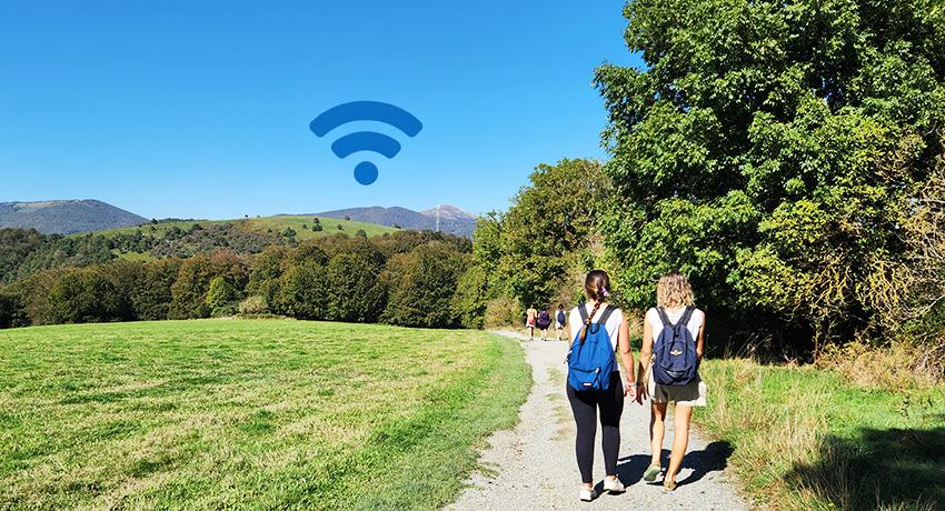 pilgrims walking with WiFi sign on background