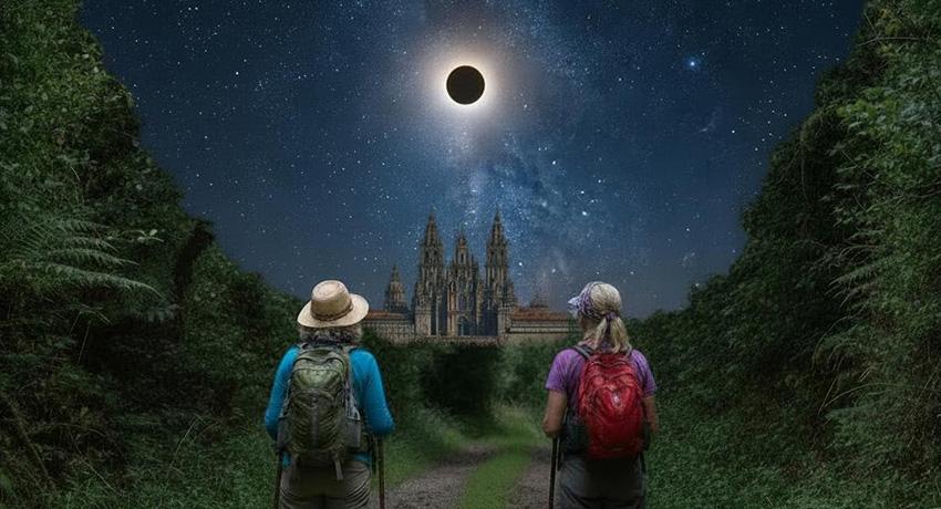 pilgrims contemplating the eclipse over Santiago's cathedral