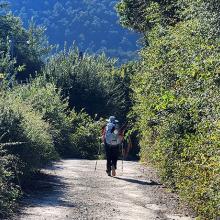 pilgrim walking along a path in the mountains